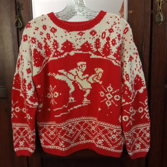 Vintage GAP Ice Skate Sweater 1980s Red White Winter Ski Holiday Pullover XL - Picture 1 of 9